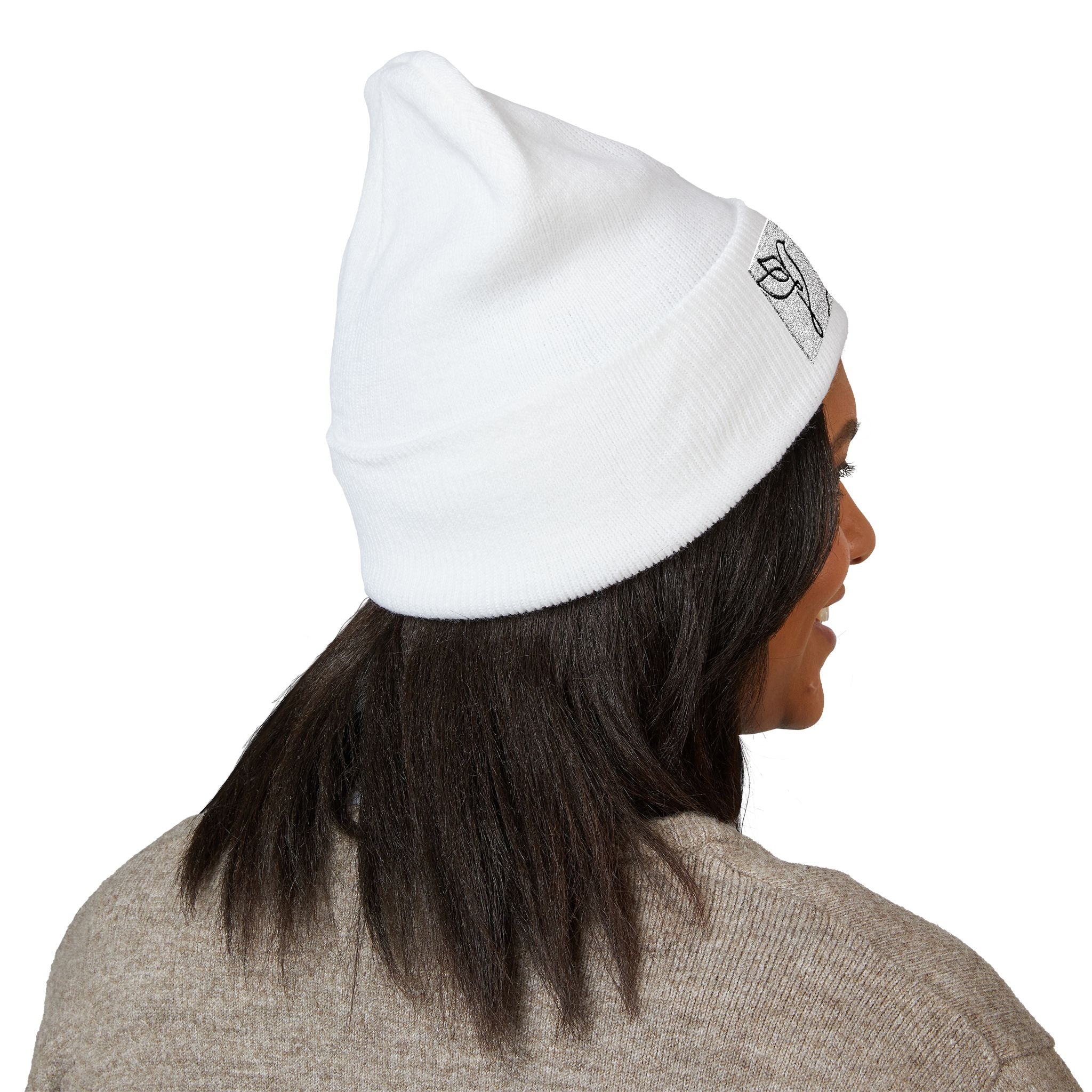 Embroidered Cross & Doves Cuffed Beanie — Minimal Christian Knit Hat