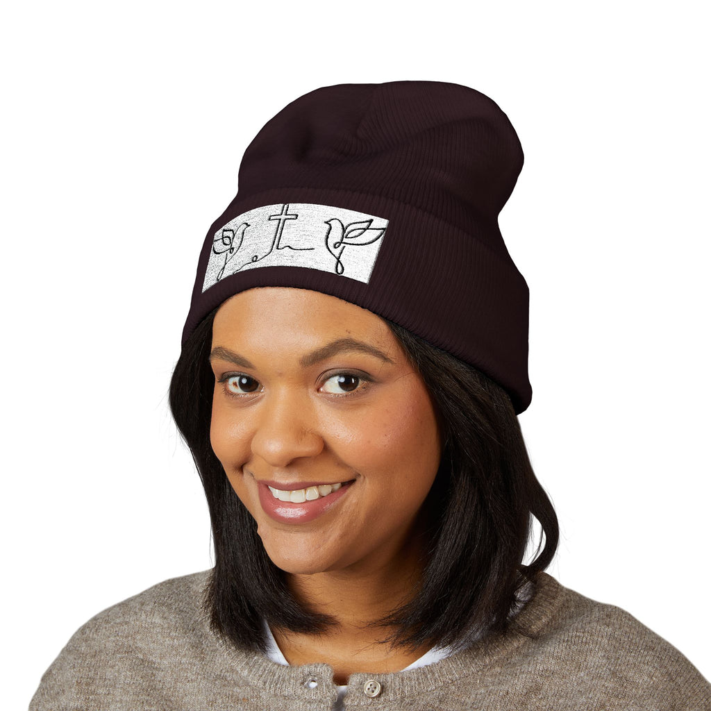 Embroidered Cross & Doves Cuffed Beanie — Minimal Christian Knit Hat
