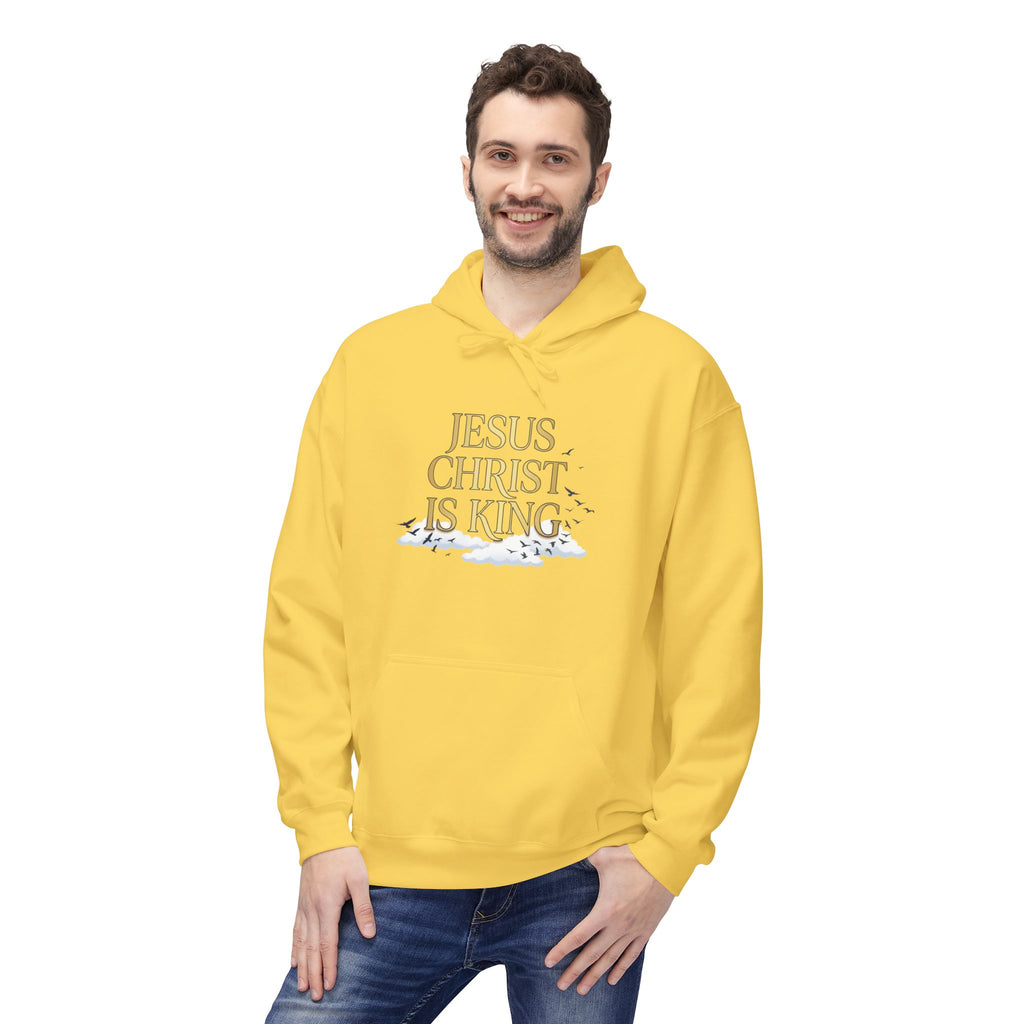 Hoodie — "Jesus Christ Is King" Faith Pullover with Revelation 1:7 Sky Back Print