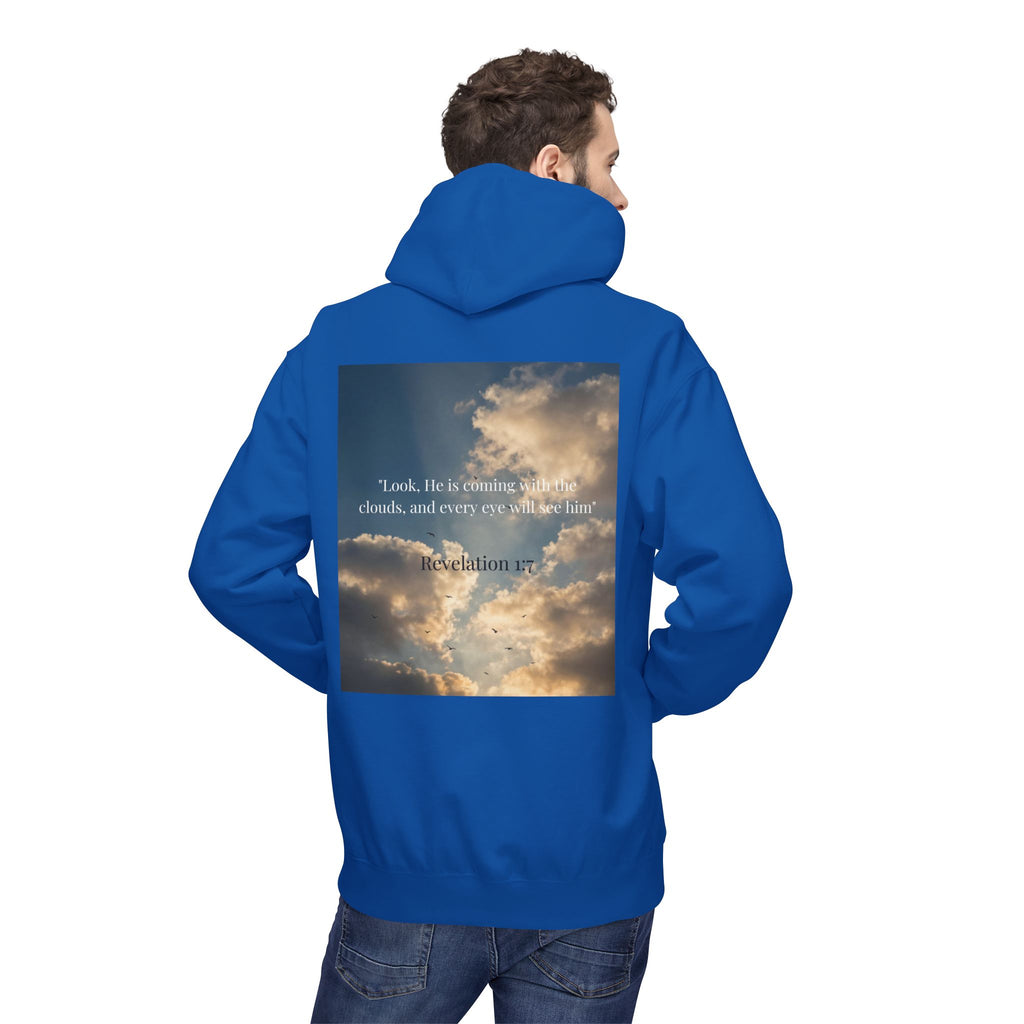 Hoodie — "Jesus Christ Is King" Faith Pullover with Revelation 1:7 Sky Back Print
