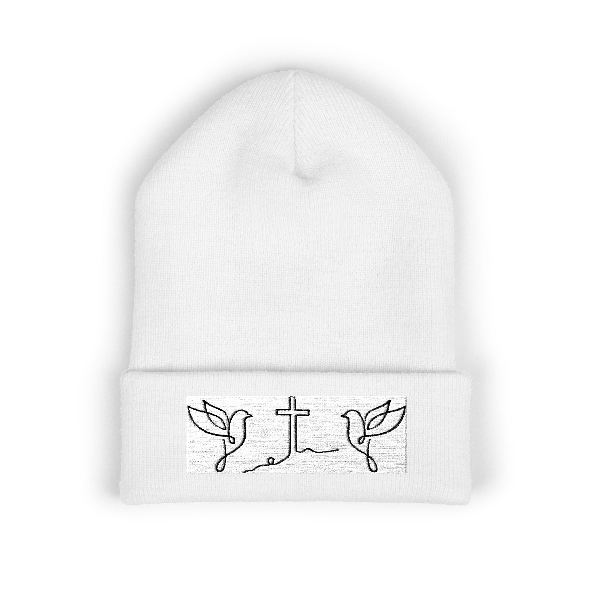 Embroidered Cross & Doves Cuffed Beanie — Minimal Christian Knit Hat