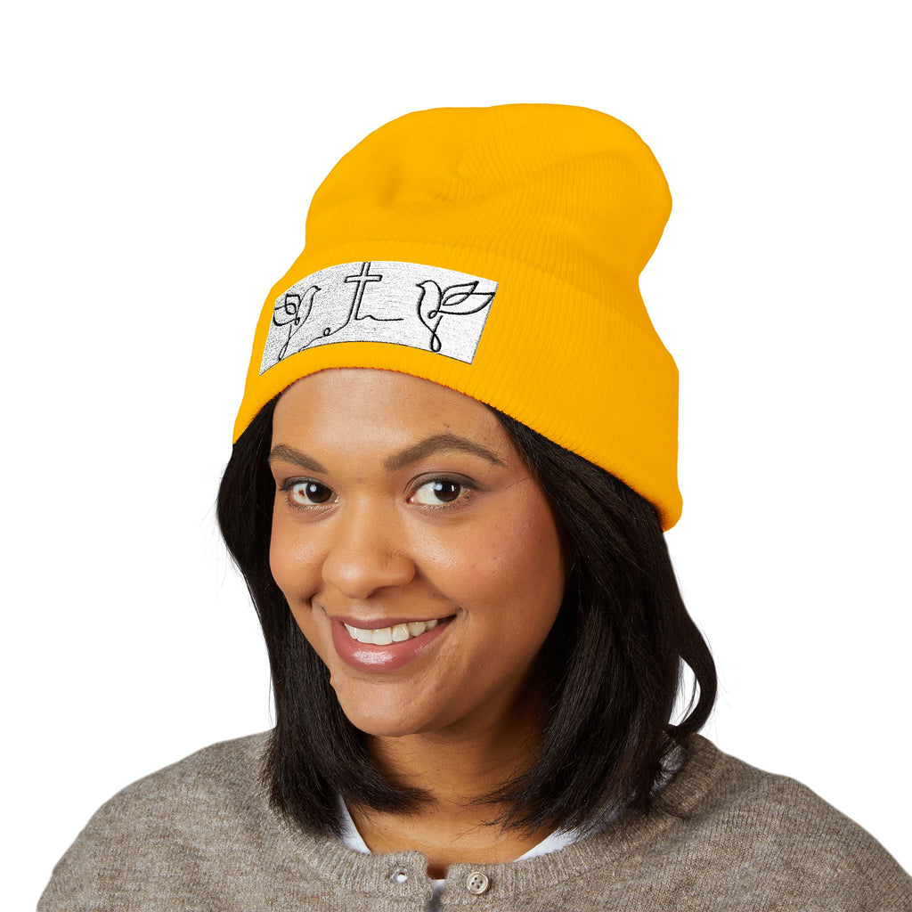 Embroidered Cross & Doves Cuffed Beanie — Minimal Christian Knit Hat