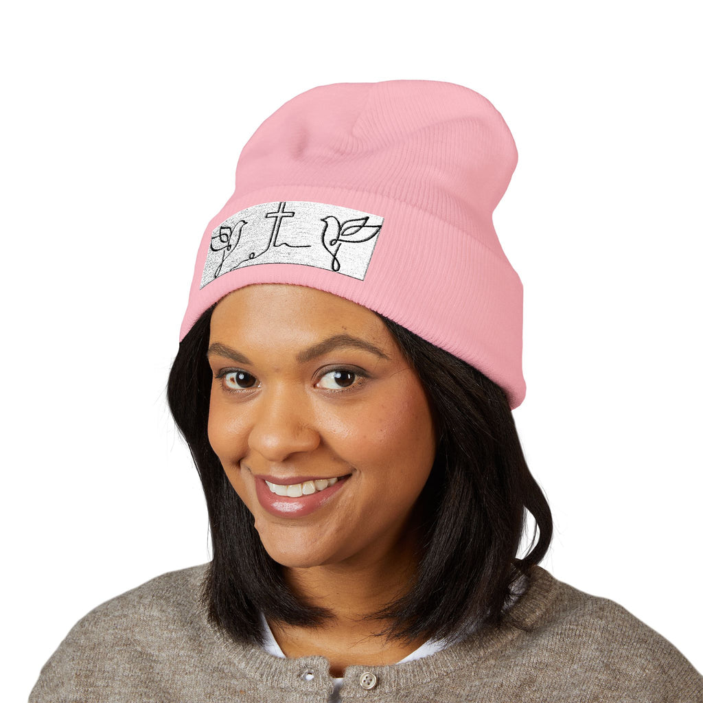 Embroidered Cross & Doves Cuffed Beanie — Minimal Christian Knit Hat