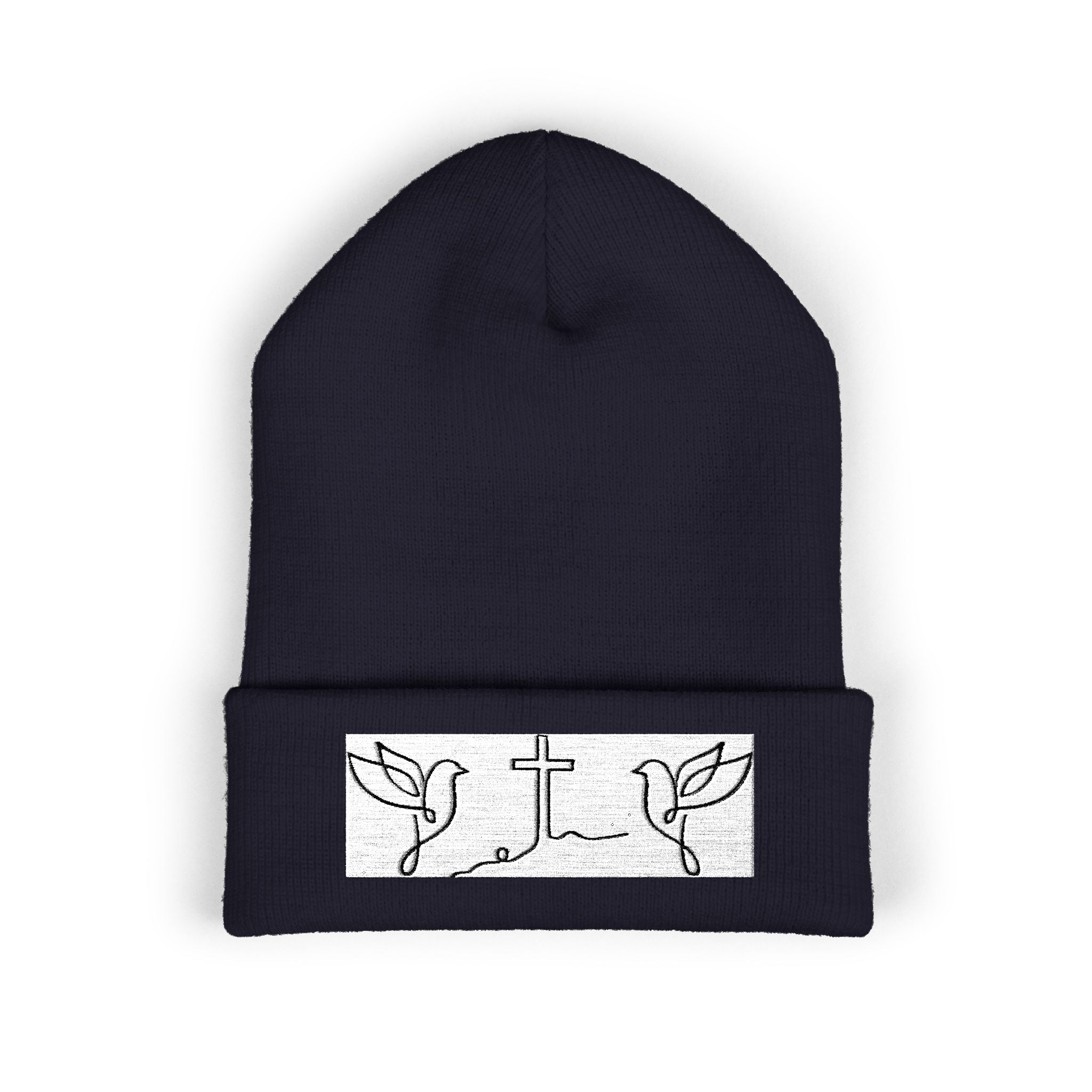 Embroidered Cross & Doves Cuffed Beanie — Minimal Christian Knit Hat
