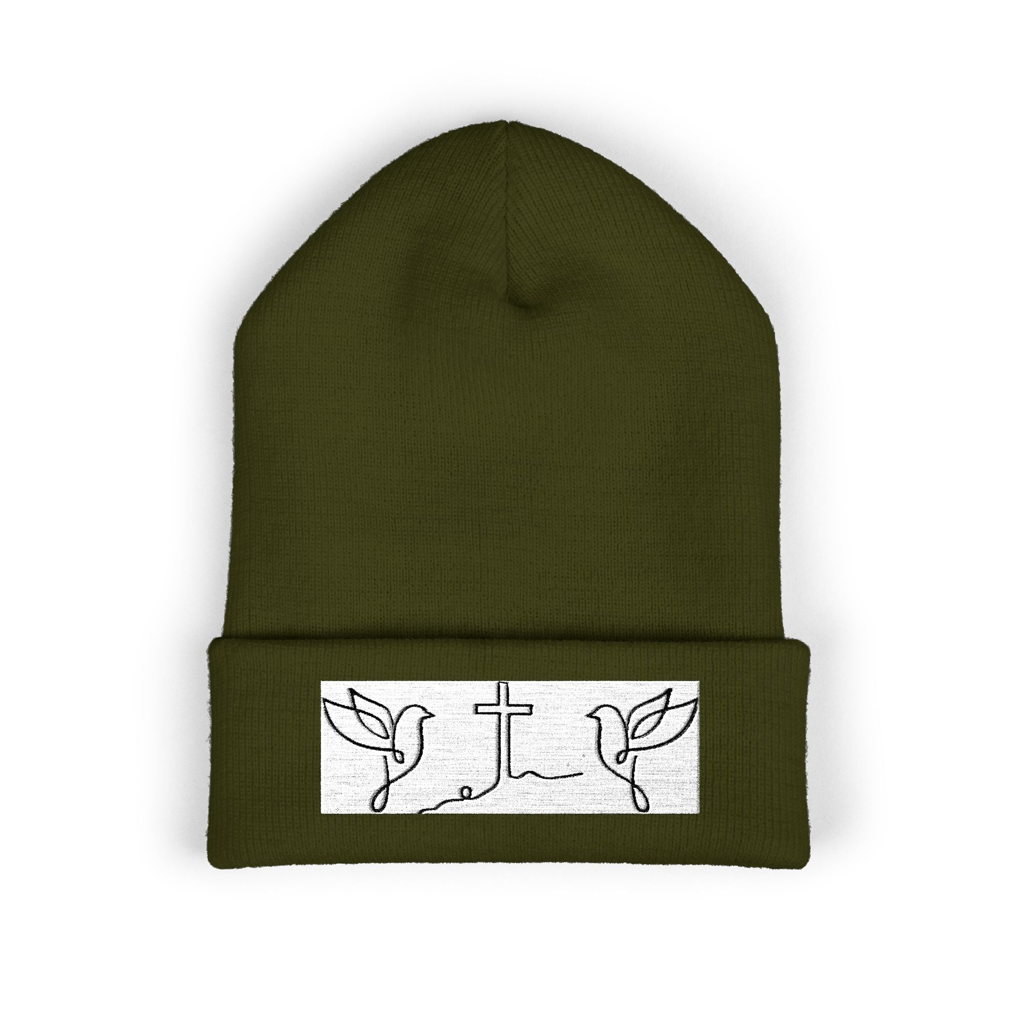 Embroidered Cross & Doves Cuffed Beanie — Minimal Christian Knit Hat