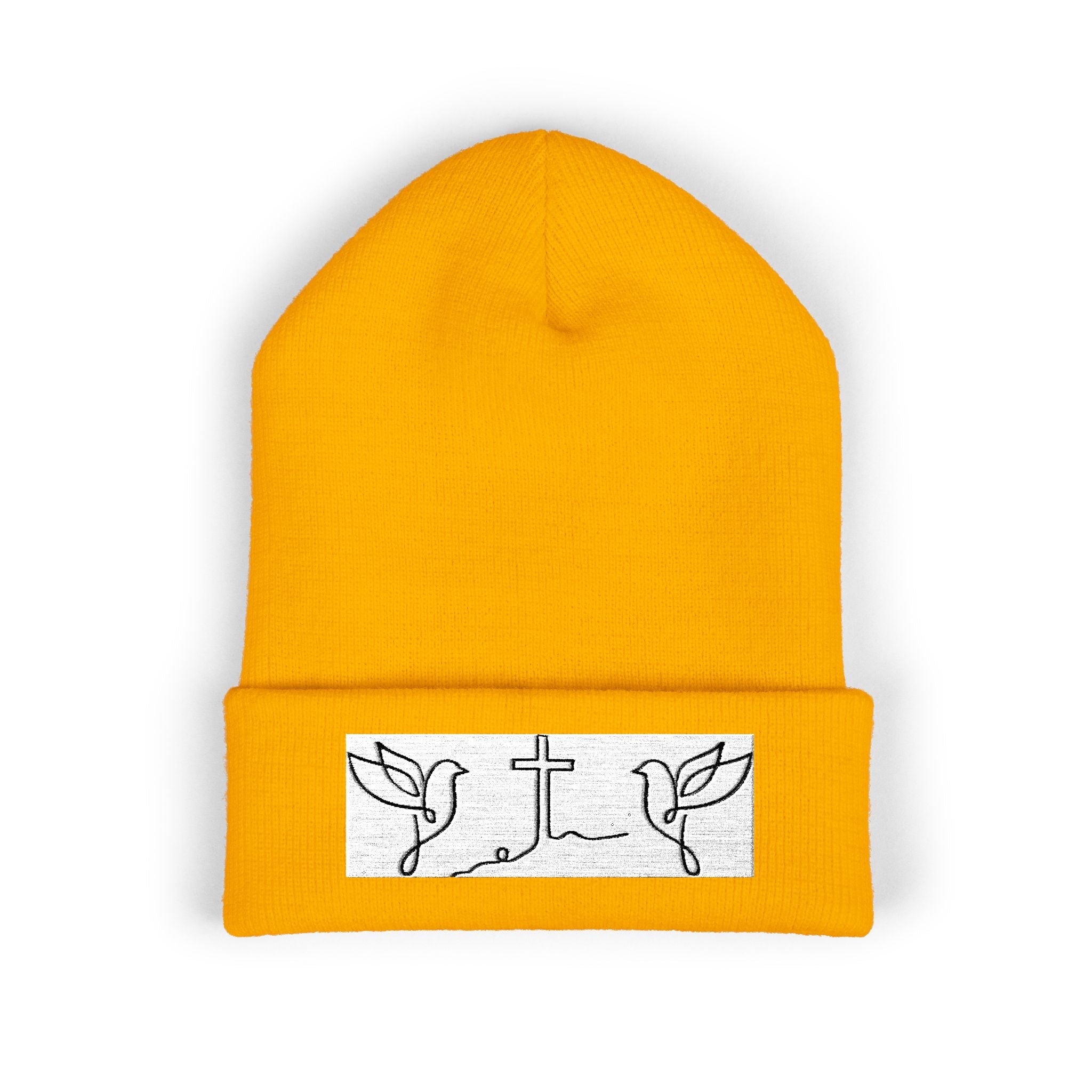 Embroidered Cross & Doves Cuffed Beanie — Minimal Christian Knit Hat