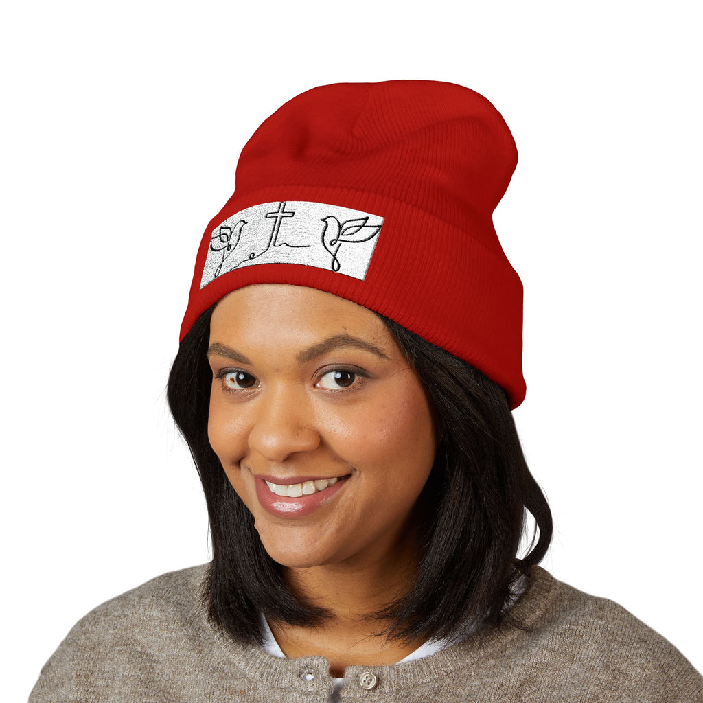 Embroidered Cross & Doves Cuffed Beanie — Minimal Christian Knit Hat