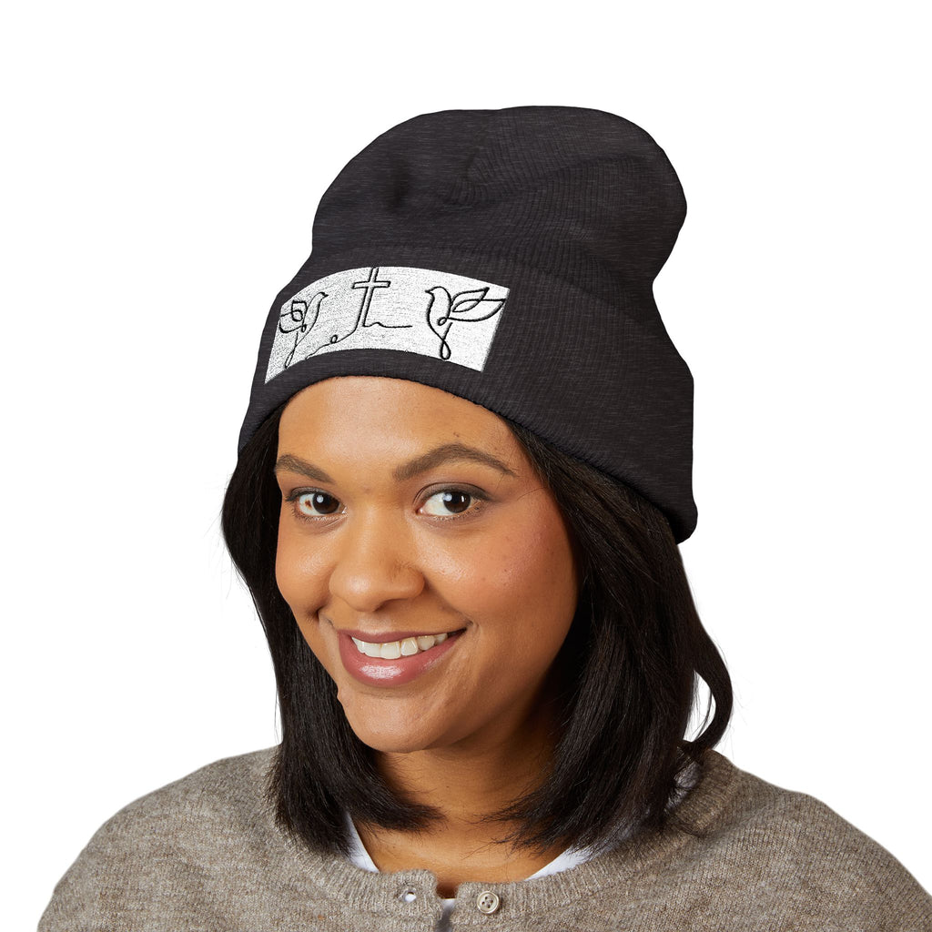 Embroidered Cross & Doves Cuffed Beanie — Minimal Christian Knit Hat