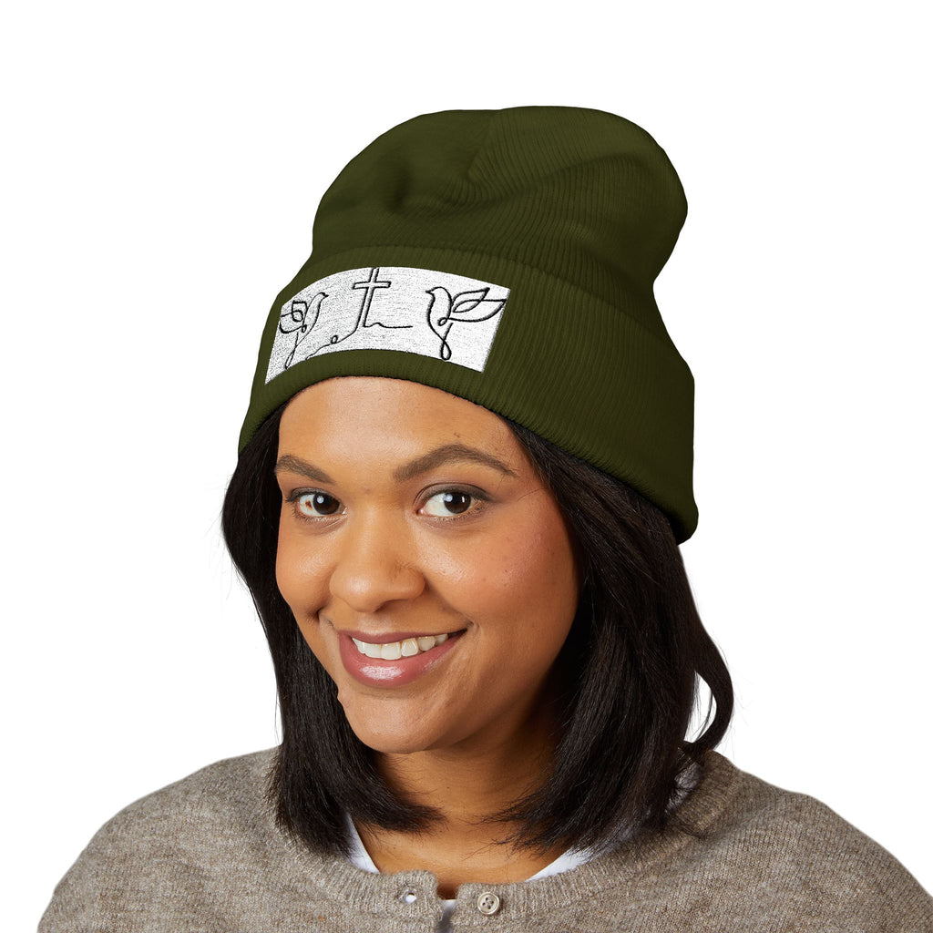 Embroidered Cross & Doves Cuffed Beanie — Minimal Christian Knit Hat
