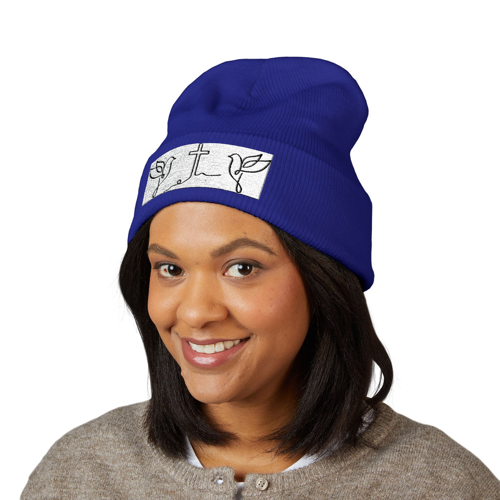 Embroidered Cross & Doves Cuffed Beanie — Minimal Christian Knit Hat
