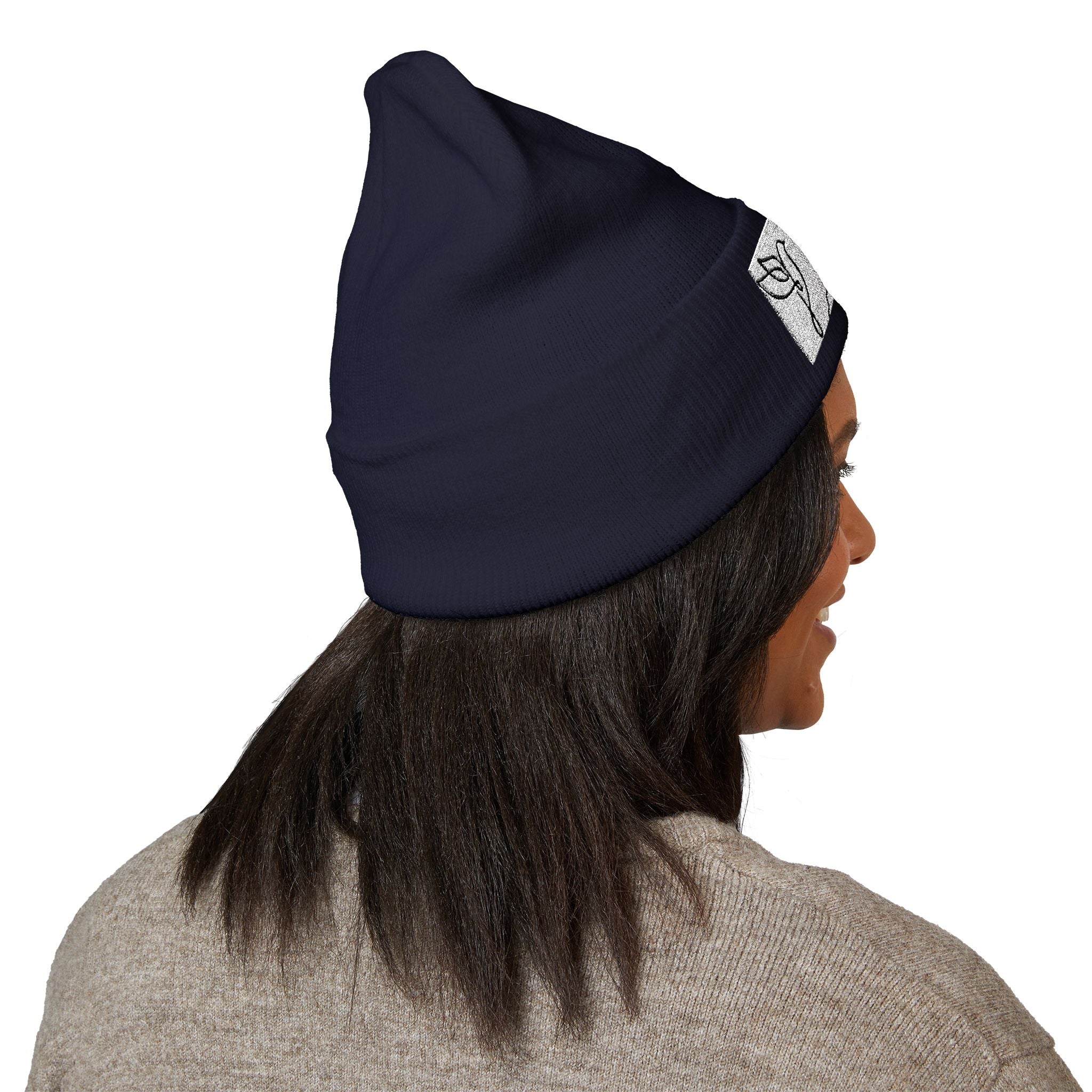 Embroidered Cross & Doves Cuffed Beanie — Minimal Christian Knit Hat