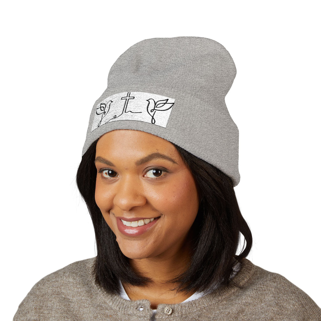Embroidered Cross & Doves Cuffed Beanie — Minimal Christian Knit Hat