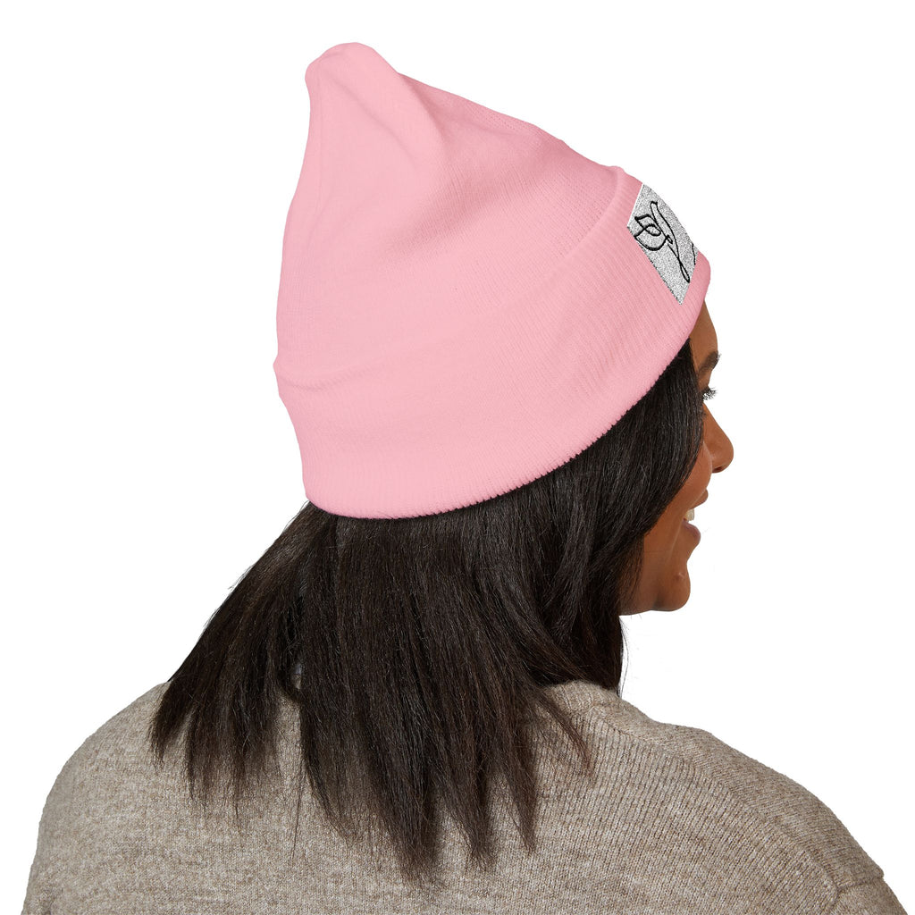 Embroidered Cross & Doves Cuffed Beanie — Minimal Christian Knit Hat