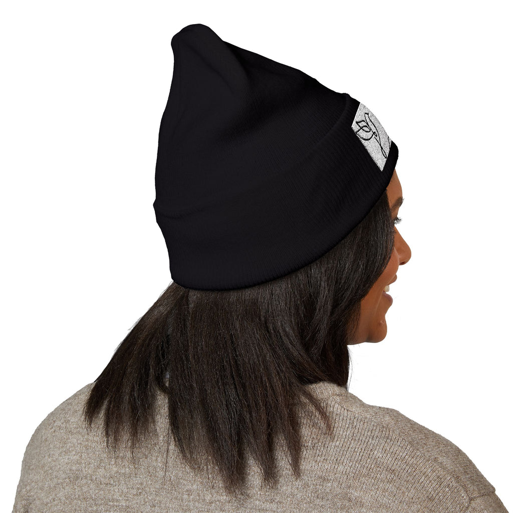 Embroidered Cross & Doves Cuffed Beanie — Minimal Christian Knit Hat