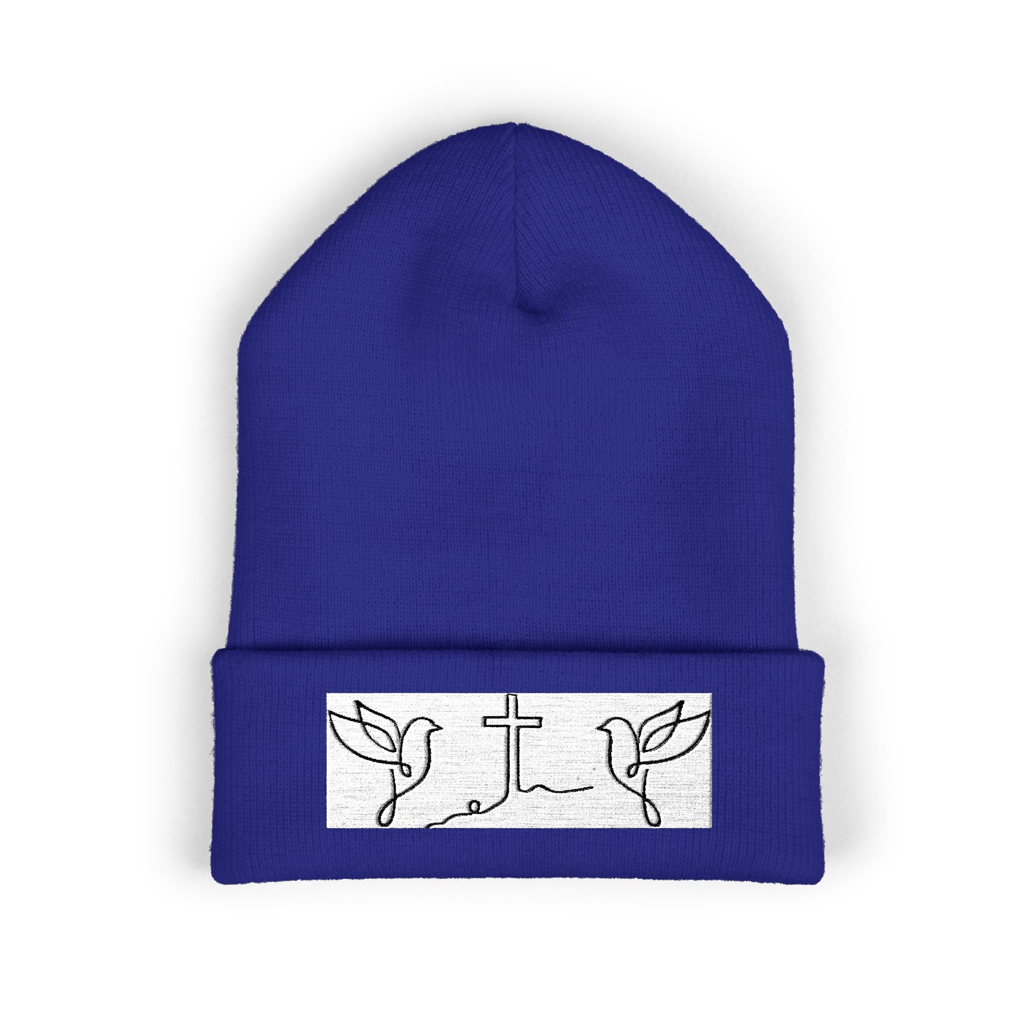 Embroidered Cross & Doves Cuffed Beanie — Minimal Christian Knit Hat