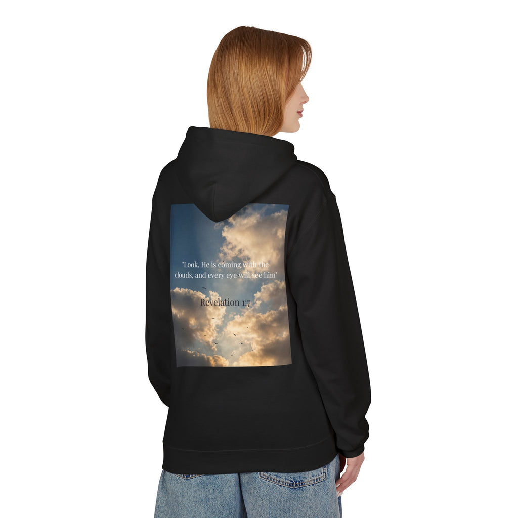 Hoodie — "Jesus Christ Is King" Faith Pullover with Revelation 1:7 Sky Back Print