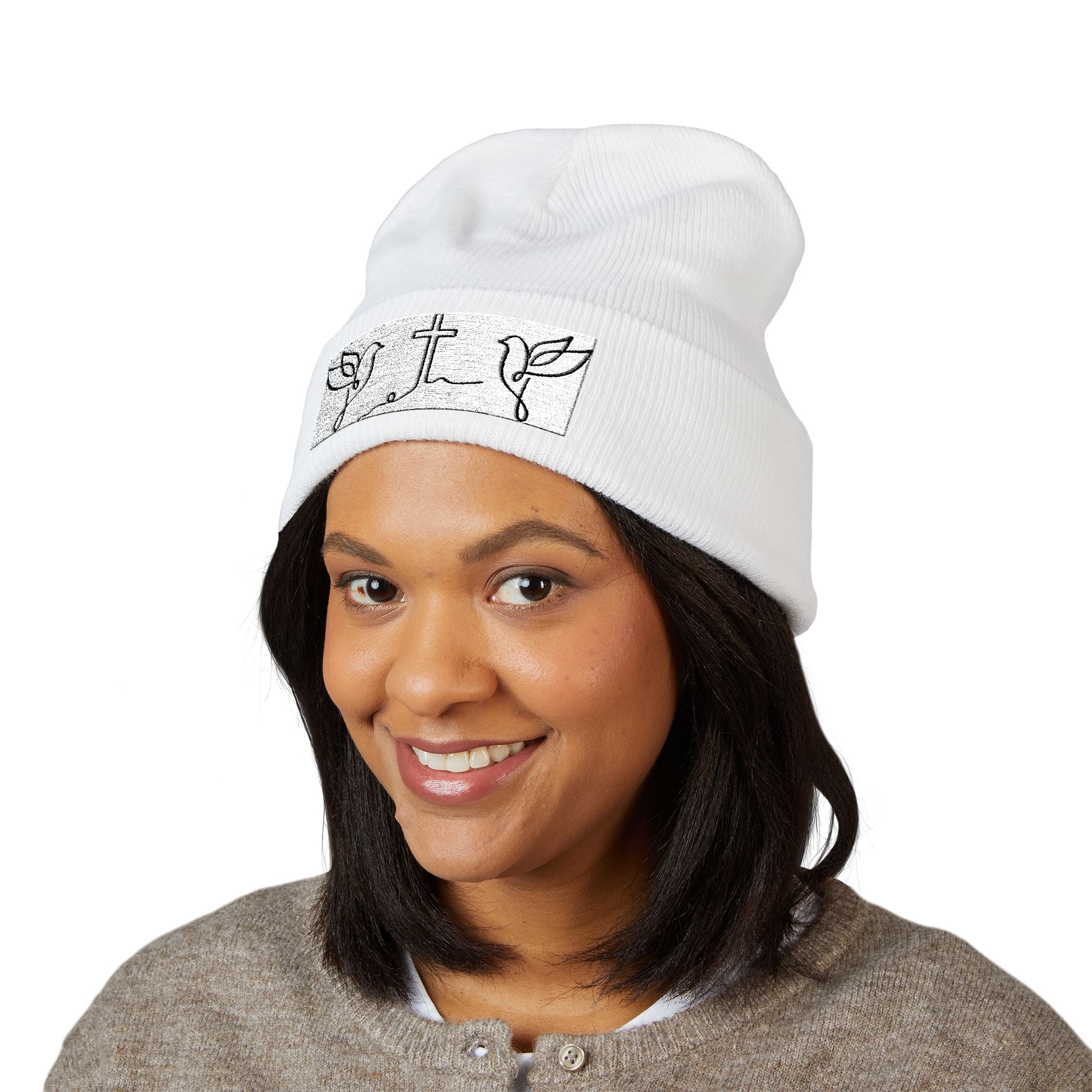 Embroidered Cross & Doves Cuffed Beanie — Minimal Christian Knit Hat