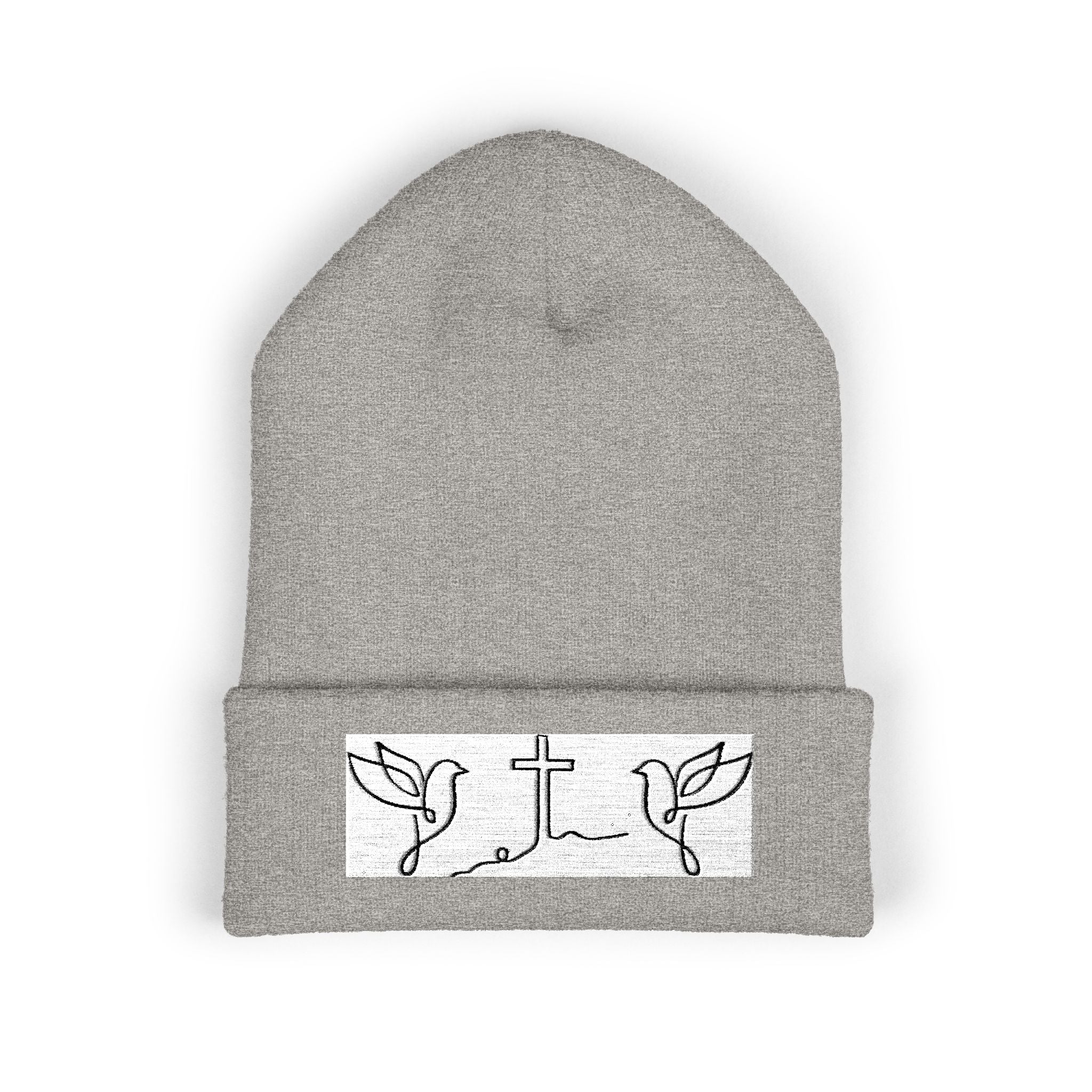 Embroidered Cross & Doves Cuffed Beanie — Minimal Christian Knit Hat