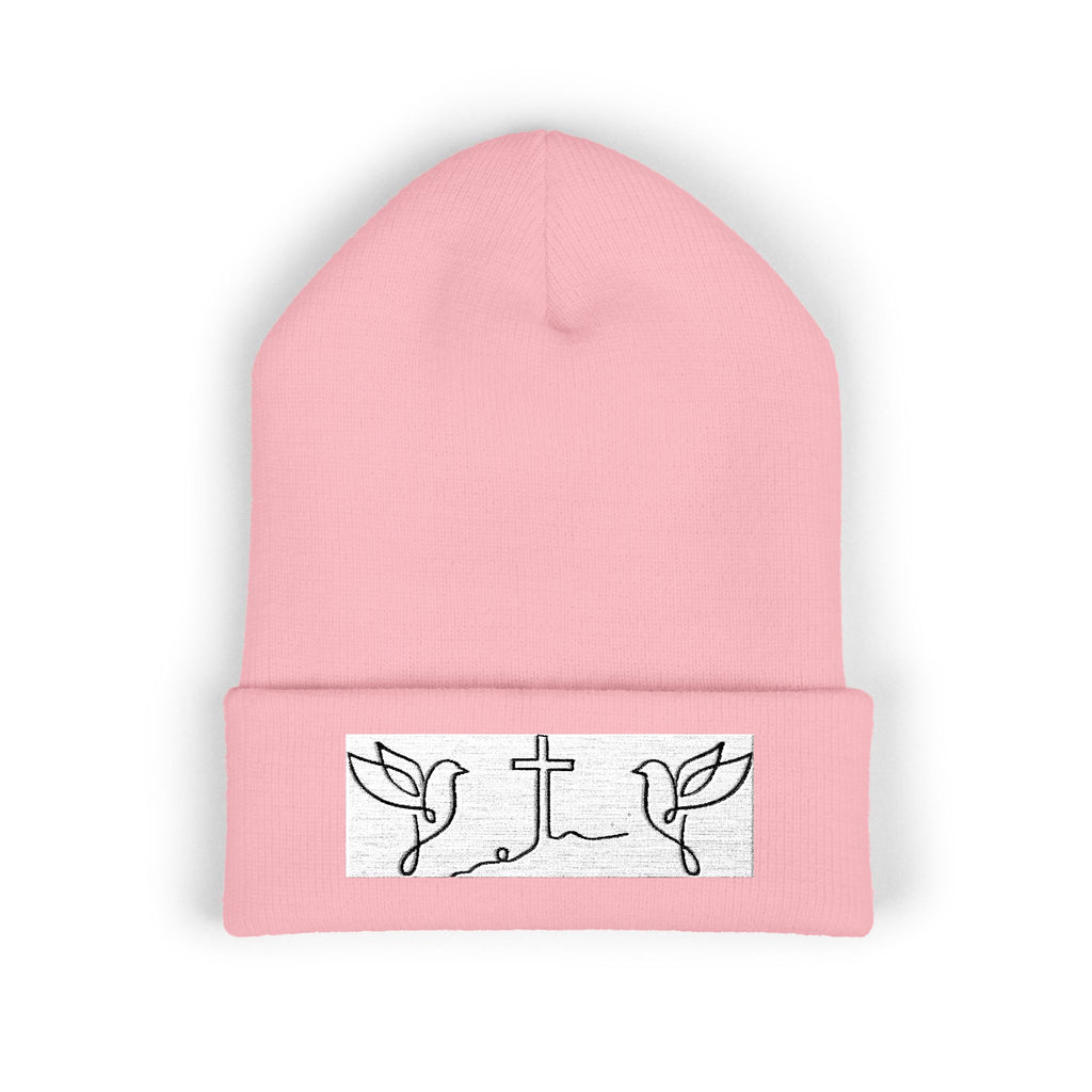 Embroidered Cross & Doves Cuffed Beanie — Minimal Christian Knit Hat