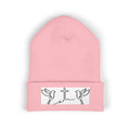 Embroidered Cross & Doves Cuffed Beanie — Minimal Christian Knit Hat