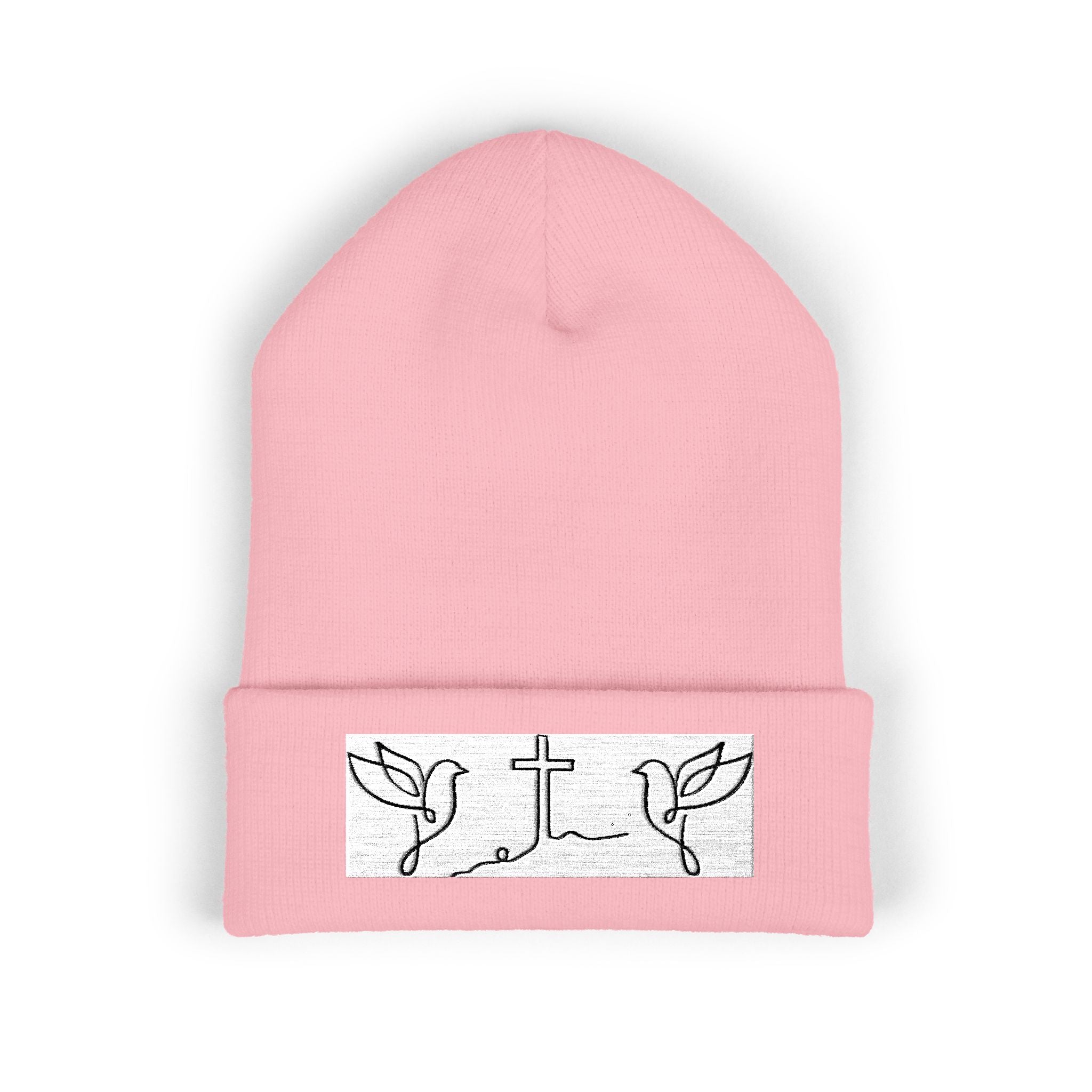 Embroidered Cross & Doves Cuffed Beanie — Minimal Christian Knit Hat