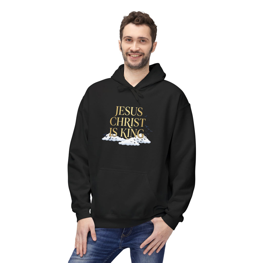 Hoodie — "Jesus Christ Is King" Faith Pullover with Revelation 1:7 Sky Back Print