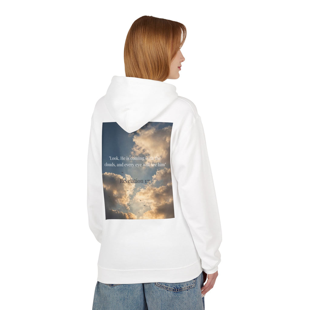 Hoodie — "Jesus Christ Is King" Faith Pullover with Revelation 1:7 Sky Back Print