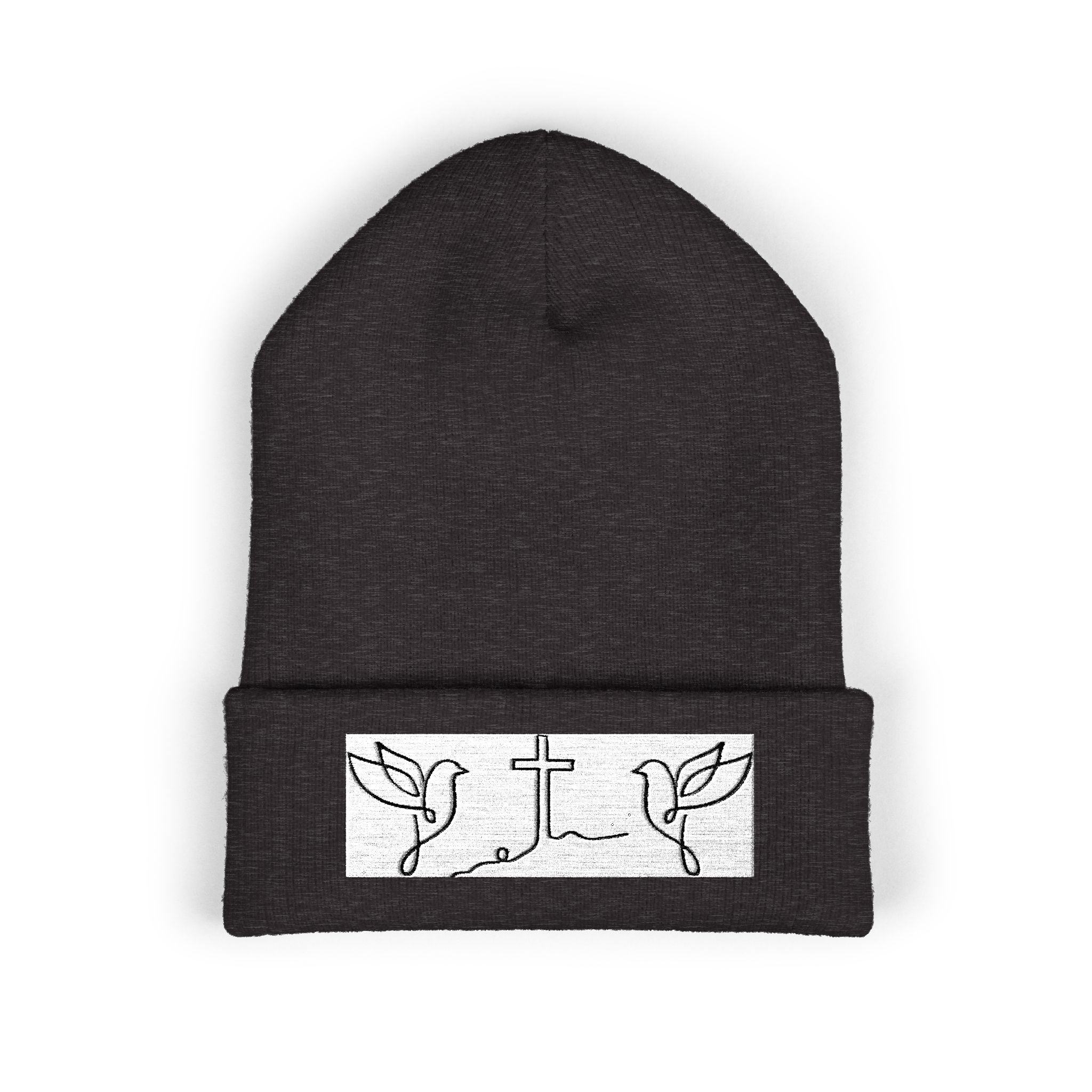 Embroidered Cross & Doves Cuffed Beanie — Minimal Christian Knit Hat