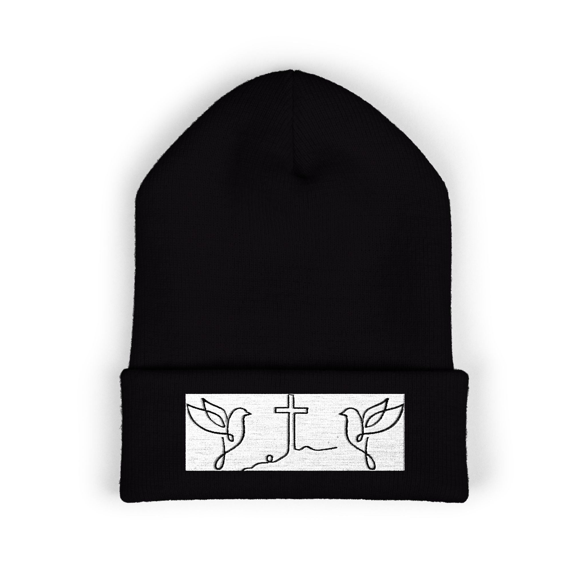 Embroidered Cross & Doves Cuffed Beanie — Minimal Christian Knit Hat