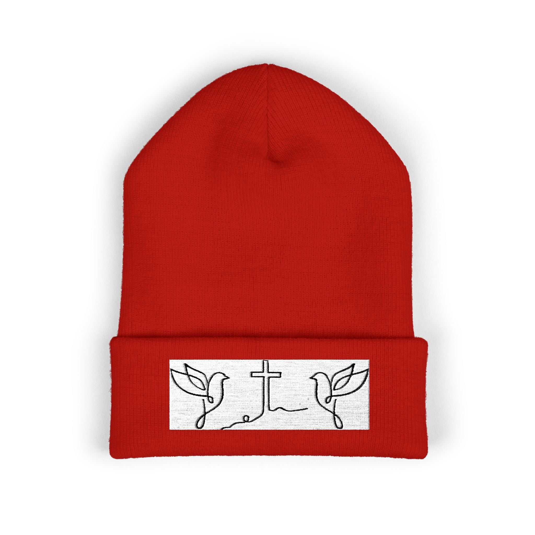 Embroidered Cross & Doves Cuffed Beanie — Minimal Christian Knit Hat