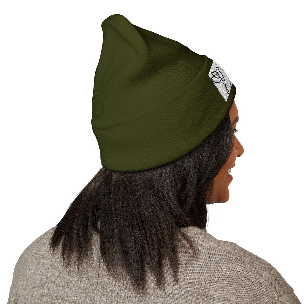 Embroidered Cross & Doves Cuffed Beanie — Minimal Christian Knit Hat