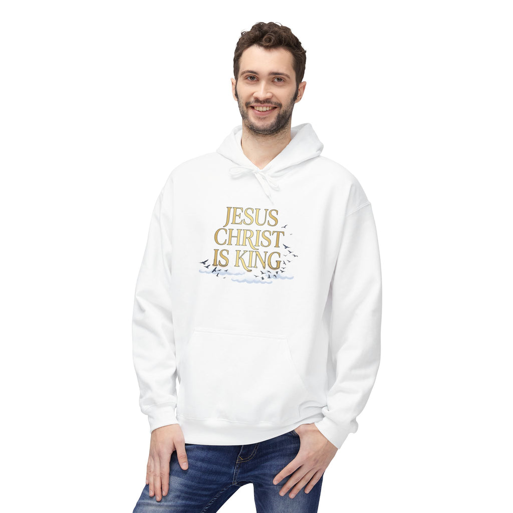 Hoodie — "Jesus Christ Is King" Faith Pullover with Revelation 1:7 Sky Back Print