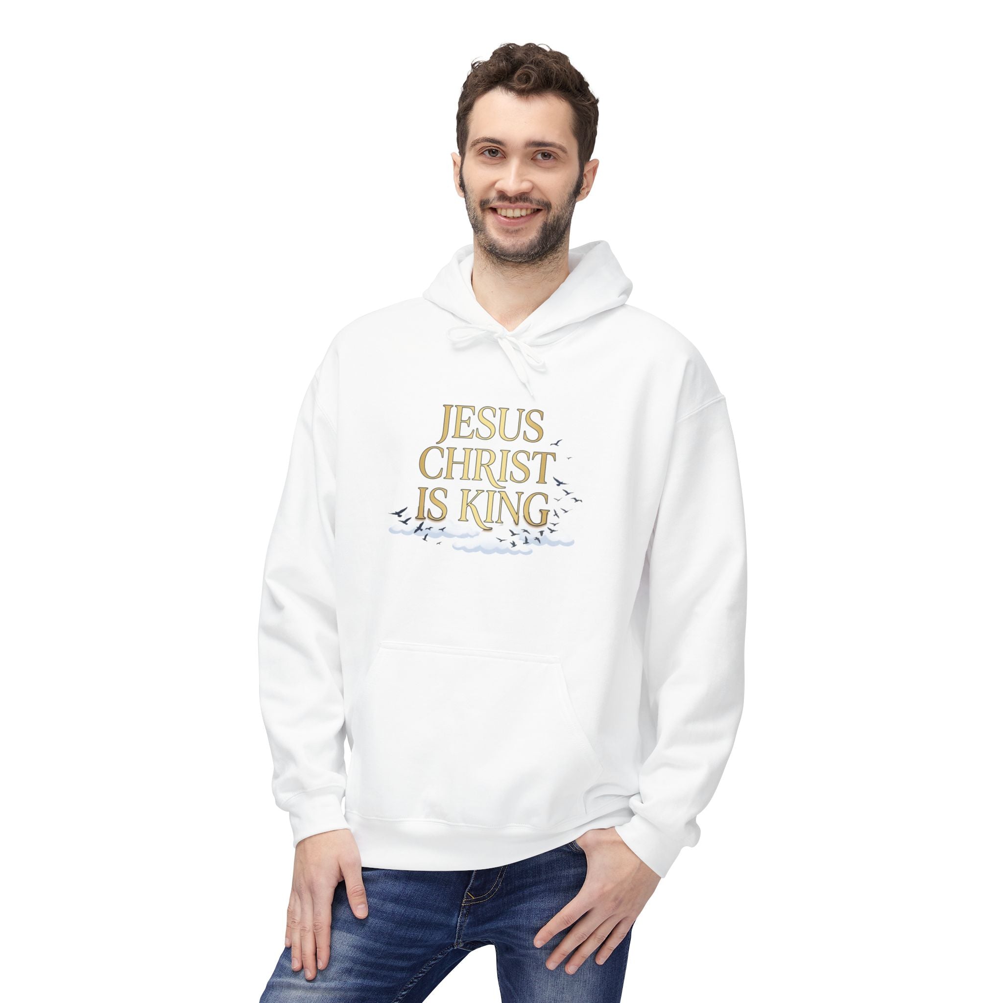 Hoodie — "Jesus Christ Is King" Faith Pullover with Revelation 1:7 Sky Back Print