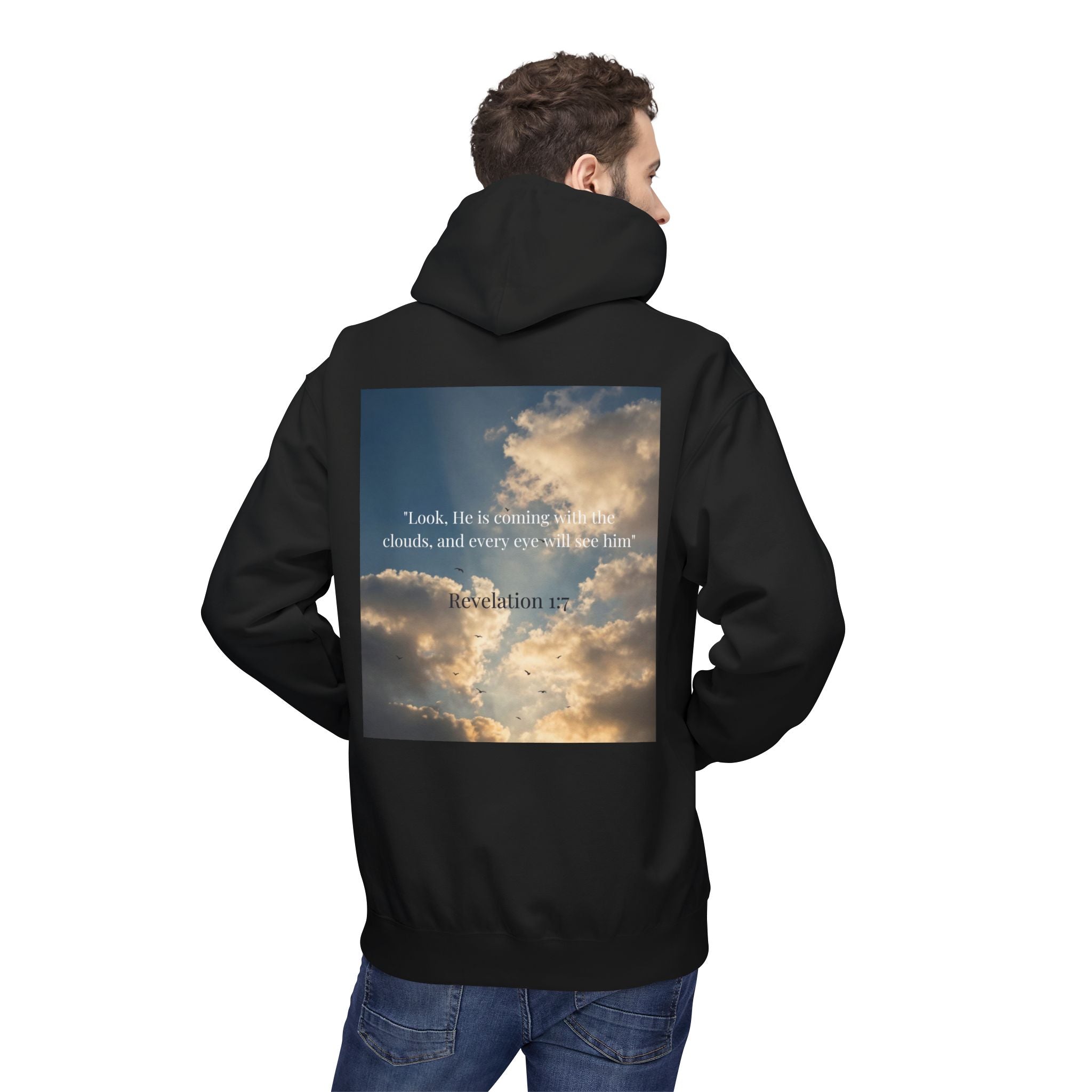 Hoodie — "Jesus Christ Is King" Faith Pullover with Revelation 1:7 Sky Back Print