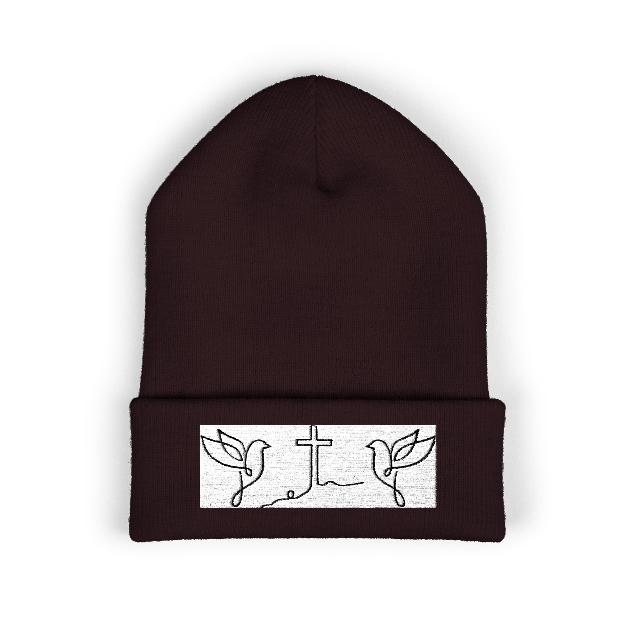 Embroidered Cross & Doves Cuffed Beanie — Minimal Christian Knit Hat